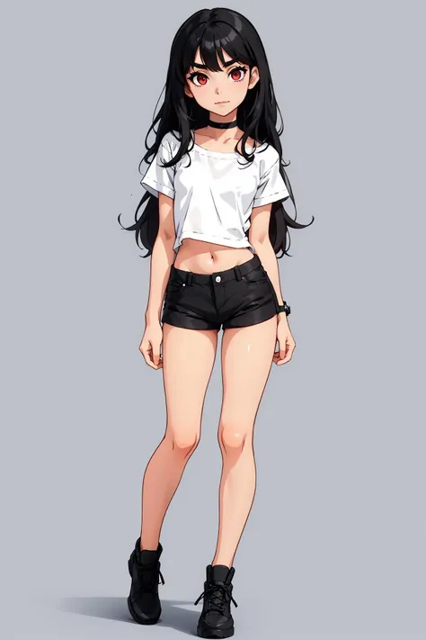 1 girl, ((masterpiece, sidelighting, beautiful eyes: 1.2), ultra-detailed, ultra high res, professional lighting, high quality makeup, beautiful detailed eyes), (best-quality:0.8), perfect anime illustration, beautiful, flat color background, full body ,
<lora:Miyumi_v2.2-2:0.6>, miyumrkw, miyumrkw face, black eyebrows, thic eyebrows, dark red eyes, (small breasts:1.2), navel, black_choker, choker, collarbone, long_hair, looking_at_viewer, solo, (black hair), posing, sexy, sexy pose, full body, small body, (white shirt: 1.4), navel, black_choker, black_footwear, choker, collarbone, long_hair, looking_at_viewer, shoes, black shorts, small shorts, black shoes, solo, standing, <lora:Squeezer2:0.2>