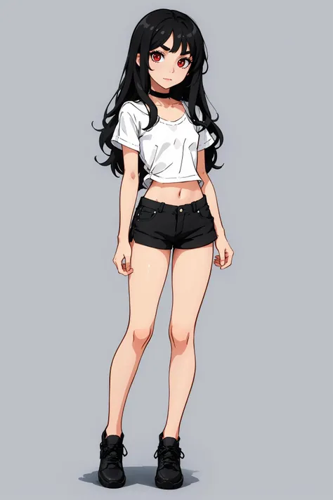 1 girl, ((masterpiece, sidelighting, beautiful eyes: 1.2), ultra-detailed, ultra high res, professional lighting, high quality makeup, beautiful detailed eyes), (best-quality:0.8), perfect anime illustration, beautiful, flat color background, full body ,<lora:Miyumi_v2.2-2:0.6>, miyumrkw, miyumrkw face, black eyebrows, thic eyebrows, dark red eyes, (small breasts:1.2), navel, black_choker, choker, collarbone, long_hair, looking_at_viewer, solo, (black hair), posing, sexy, sexy pose, full body, small body, (white shirt: 1.4), navel, black_choker, black_footwear, choker, collarbone, long_hair, looking_at_viewer, shoes, black shorts, small shorts, black shoes, solo, standing, <lora:Squeezer2:0.2>
