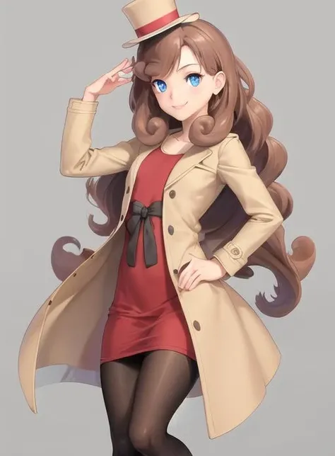 best quality, (masterpiece),(ultra-detailed), (high quality), (high resolution), <lora:katriellel-10:.7>,1girl, blue eyes, blush stickers, book, brown hair, coat, curly hair, dress, hand on hip, hat, katrielle layton, long hair, makeup, no panties, open jacket, panties, pantyhose, penis, personification, red dress, simple background, smile, solo, toes, top hat, yellow coat