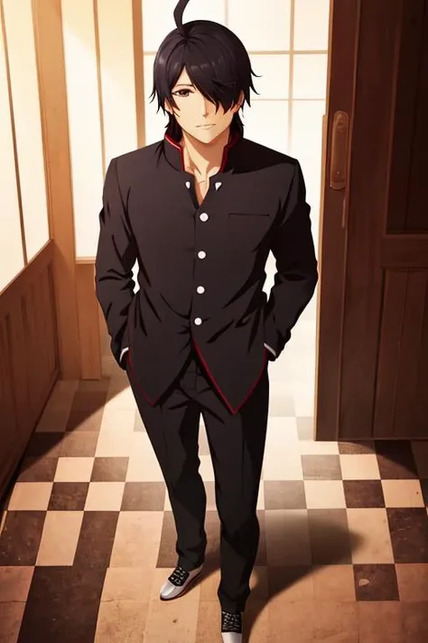 masterpiece,bestquality,ultra-detailed,Cinematic Lighting,llustration,masterpiece, best quality, araragi koyomi, solo, school uniform, 1boy, male focus, black hair, naoetsu high school uniform, hair over one eye, ahoge, perspective, checkered floor, gakuran, hand on own head, shoes, from above, looking at viewer, standing, skatesrealistic and detailed clothes, fine fabric emphasis, photorealistic, (extremely detailed), detailed hair, best resolution, best quality, best resolution, best quality, (Masterpiece), extremely detailed face, Original Character, perfect lighting, best colors, colorful, beautiful, fine detail, ultra high resolution, Natural Volumetric Lighting And Best Shadows, Deep Depth Of Field, (Highest Quality, Amazing Details:1.4), <lora:Koyomi Araragi:0.7>