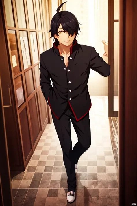 masterpiece,bestquality,ultra-detailed,Cinematic Lighting,llustration,masterpiece, best quality, araragi koyomi, solo, school uniform, 1boy, male focus, black hair, naoetsu high school uniform, hair over one eye, ahoge, perspective, checkered floor, gakuran, hand on own head, shoes, from above, looking at viewer, standing, skatesrealistic and detailed clothes, fine fabric emphasis, photorealistic, (extremely detailed), detailed hair, best resolution, best quality, best resolution, best quality, (Masterpiece), extremely detailed face, Original Character, perfect lighting, best colors, colorful, beautiful, fine detail, ultra high resolution, Natural Volumetric Lighting And Best Shadows, Deep Depth Of Field, (Highest Quality, Amazing Details:1.4), <lora:Koyomi Araragi:0.7>
