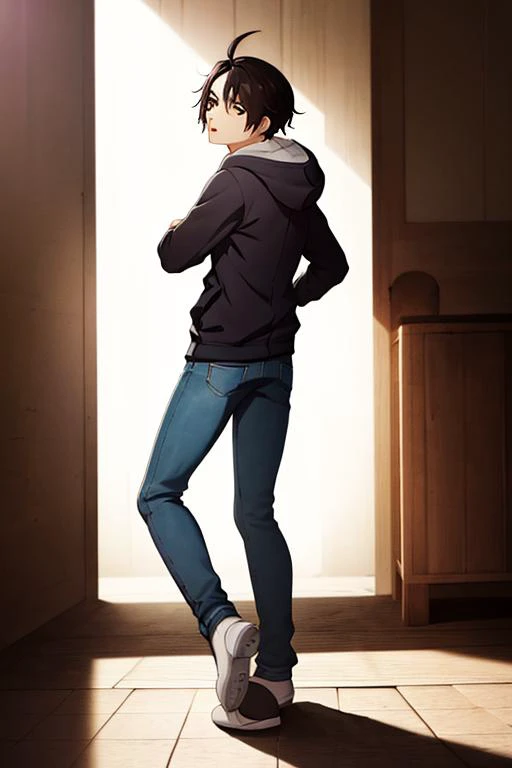 masterpiece,bestquality,ultra-detailed,Cinematic Lighting,llustration,masterpiece, best quality, solo, 1boy, male focus, black hair, hood, hoodie, looking back, ahoge, pants, jeans, brown eyes, denim, full body, skatesrealistic and detailed clothes, fine fabric emphasis, photorealistic, (extremely detailed), detailed hair, best resolution, best quality, best resolution, best quality, (Masterpiece), extremely detailed face, Original Character, perfect lighting, best colors, colorful, beautiful, fine detail, ultra high resolution, Natural Volumetric Lighting And Best Shadows, Deep Depth Of Field, (Highest Quality, Amazing Details:1.4), <lora:Koyomi Araragi:0.7>