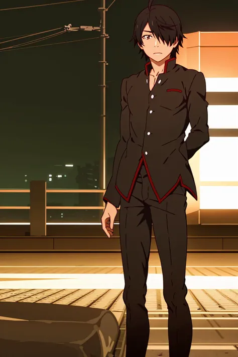 shaft head tilt, cowboy shot, masterpiece,best quality,ultra-detailed,Cinematic Lighting,llustration,araragi koyomi, solo, school uniform, 1boy, male focus, black hair, naoetsu high school uniform, hair over one eye, ahoge, standing,