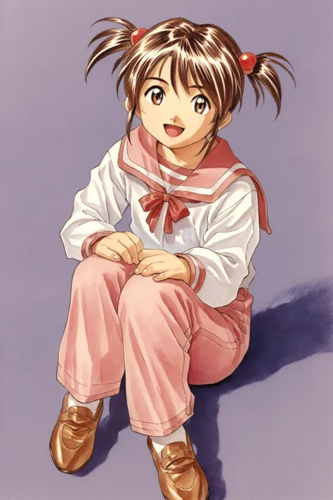 coquelicot \(sakura taisen\),1girl,solo,smile,twintails,brown eyes,brown hair,short twintails,white shirt,long sleeves,pink pants,sailor collar,brown footwear,sitting,open mouth,traditional media,score_9,score_8_up,<lora:Kosuke Fujishima_XL_PONY:0.9>,<lora:coquelicot_autismConfetti_v01:0.5>,