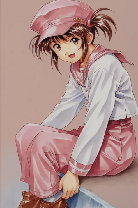 coquelicot \(sakura taisen\),1girl,solo,smile,twintails,brown eyes,brown hair,short twintails,white shirt,long sleeves,pink pants,sailor collar,brown footwear,sitting,pink hat,open mouth,traditional media,score_9,score_8_up,<lora:Kosuke Fujishima_XL_PONY:0.9>,<lora:coquelicot_autismConfetti_v01:0.5>,