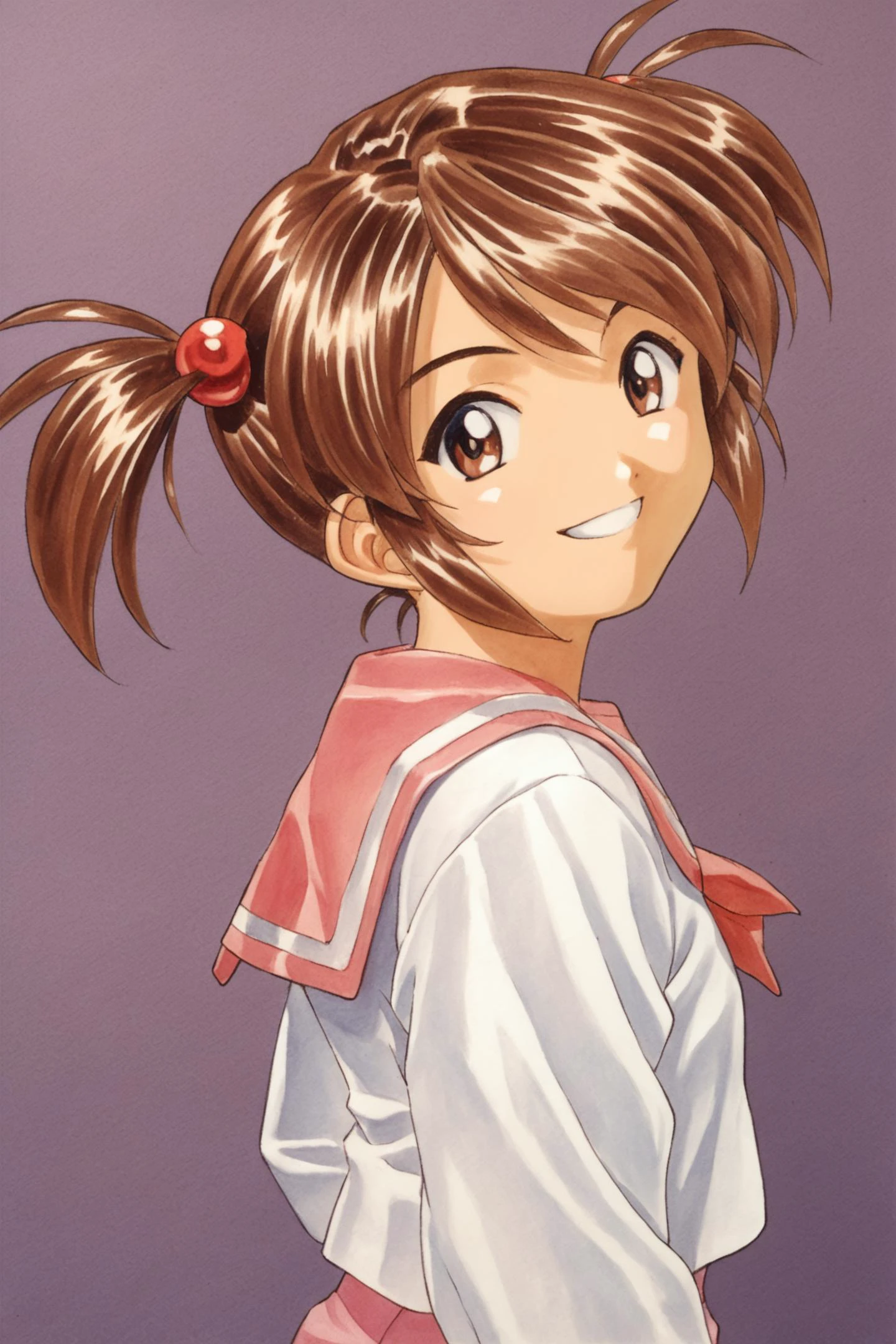 coquelicot \(sakura taisen\),1girl,solo,smile,twintails,brown eyes,brown hair,short twintails,white shirt,long sleeves,pink pants,sailor collar,traditional media,score_9,score_8_up,<lora:Kosuke Fujishima_XL_PONY:0.8>,<lora:coquelicot_autismConfetti_v01:0.5>,