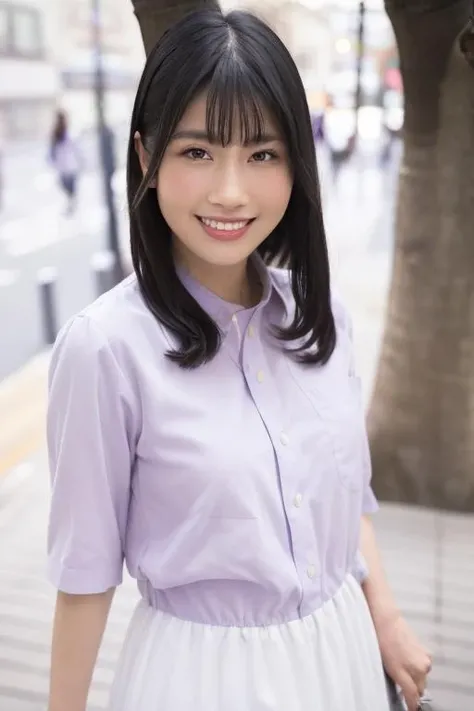 1girl, (wearing a purple cotton dress:1.4),(RAW photo, best quality), (realistic, photo-realistic:1.4), masterpiece, an extremely delicate and beautiful, extremely detailed, 2k wallpaper, Amazing, finely detail, extremely detailed CG unity 8k wallpaper, ultra-detailed, highres, soft light, beautiful detailed girl, extremely detailed eyes and face, beautiful detailed nose, beautiful detailed eyes,cinematic lighting,(in the city:2.0),perfect anatomy,slender body,smiling,(close up:2.0),(look at viewer),(front view:2.0)mcinematic angle,(wavy hair), <lora:murakamimanatsu_lora-02:0.8>