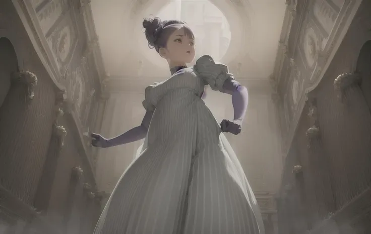 (masterpiece:1,2), best quality, masterpiece, highres, original, extremely detailed wallpaper, smooth skin, shiny skin, petite, purple hair, half updo, transparent gloves, transparent sleeves, lace neckline,  <lora:Bridgerton_Dresses:0.65> , bridgerton dress, empire waist, bridgerton clothing, gloves, , from below, dynamic pose, puffy sleeves, white silk trim, pinstripe pattern dress, sage green skirt, long dress, narrow skirt,