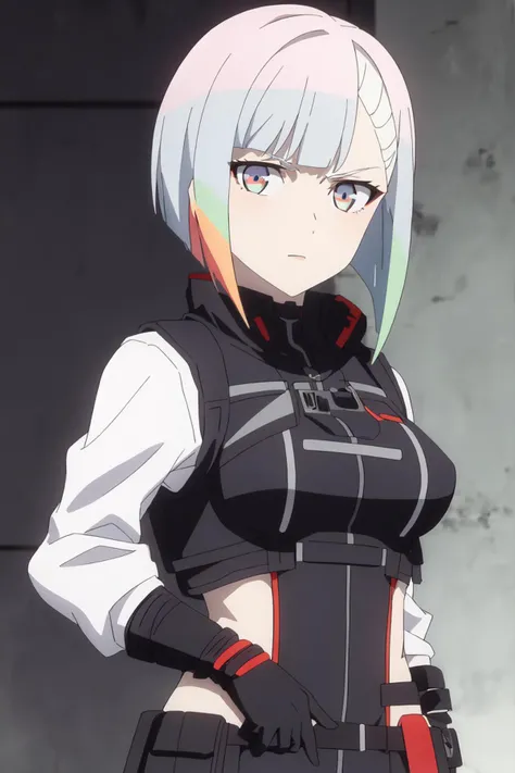 1girl, upper body, looking at viewer, medium breasts, mature female,
masterpiece, best quality, <lora:Lucy_CE:0.7> lucydef, multicolored hair, multicolored eyes, short hair, <lora:urbansamurai_v0.3:0.55> techwear jacket, black gloves, tactical vest, with buckle and tape