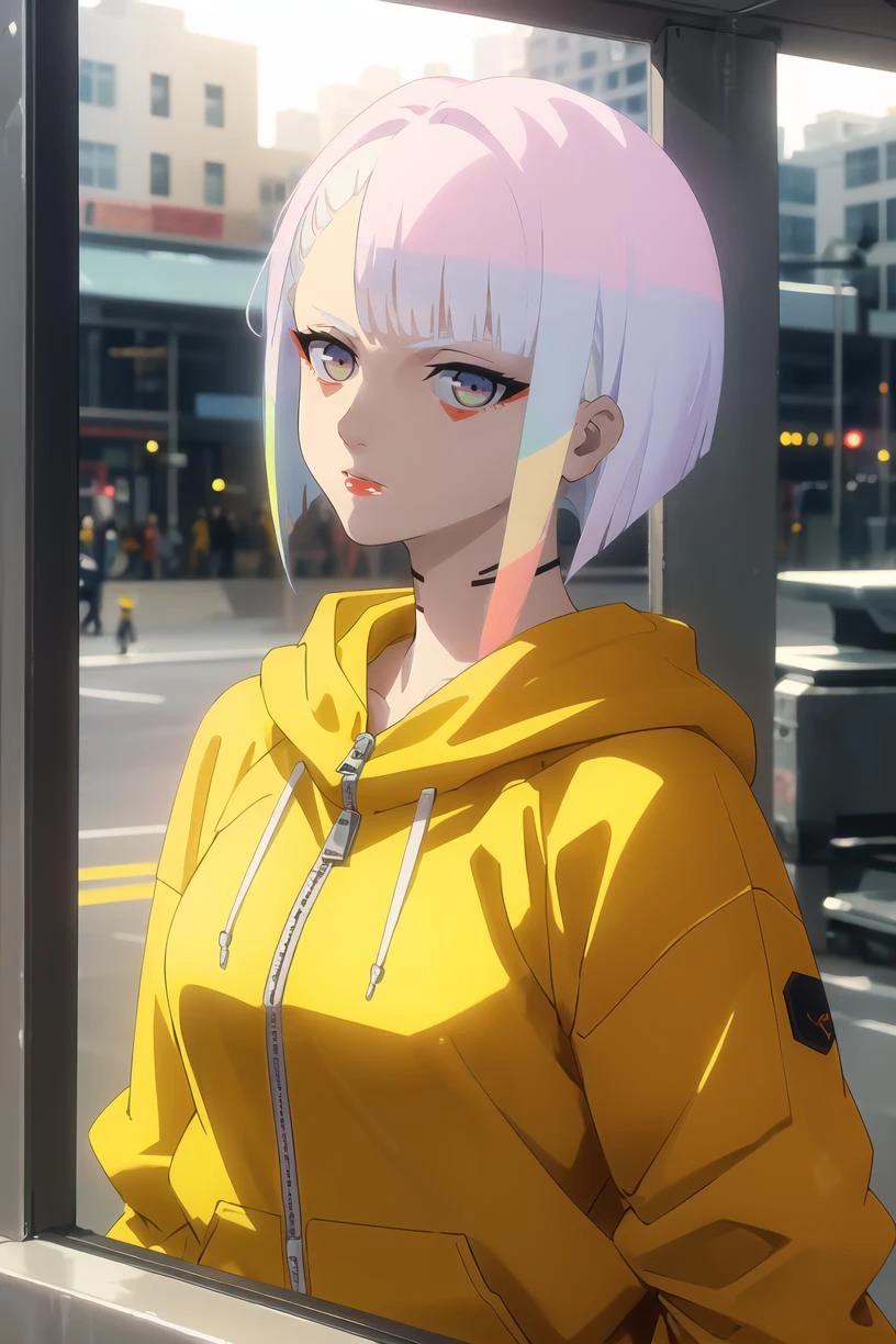 <lora:Lucy_CE:1> lucydef, multicolored hair, multicolored eyes, short hair,
upper body, portrait, looking at viewer, red lips, red eyeliner, yellow hoodie, close clothing,
masterpiece, best quality,