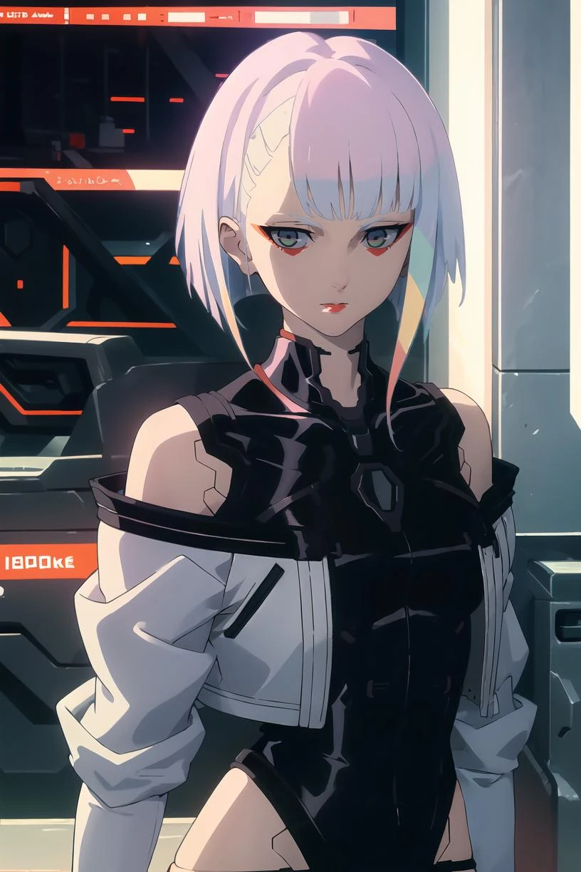 <lora:Lucy_CE:1> lucydef, short hair, multicolored hair, multicolored eyes
cyberpunk, open clothes, off shoulder, jacket, red lips, open jacket, red eyeliner, breasts, bare shoulders, upper body, bodysuit, bangs, makeup, cyborg, looking at viewer,
masterpiece, best quality,