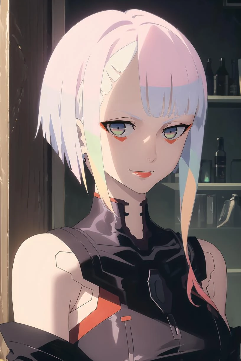 <lora:Lucy_CE:1> lucydef, multicolored hair, multicolored eyes, short hair,
upper body, portrait, looking at viewer, bodysuit, red lips, red eyeliner, light smile,
masterpiece, best quality,