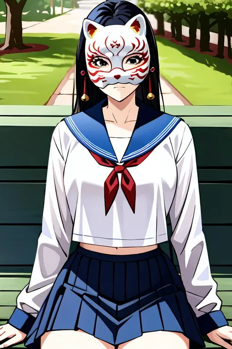 mitsuki soma, 1girl, solo, (fox mask, bells,) black eyes, black hair, long hair, school uniform, long sleeves, red neckerchief, blue sailor collar, blue skirt, pleated skirt, upper body, outside, sitting, bench, park, <lora:Mitsuki Soma6:0.75>