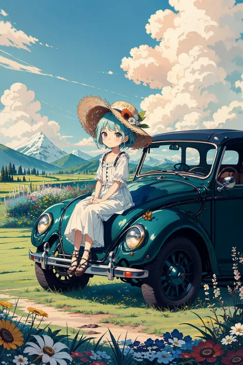 The  chibi girl sat on an antique Beetle car, with a straw hat, lawn, blue sky, white clouds, distant mountains, countryside, flowers<lora:detailmaker:-2>