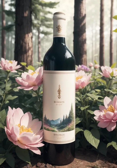 A luxurious wine bottle, accounting for one-third of the size of the picture, inspired by flowers, bionics, illustration, the background is forest, flowers, bright colors, silky smooth background, 4k, caustic, full frame,studio light <lora:detailmaker:-1>