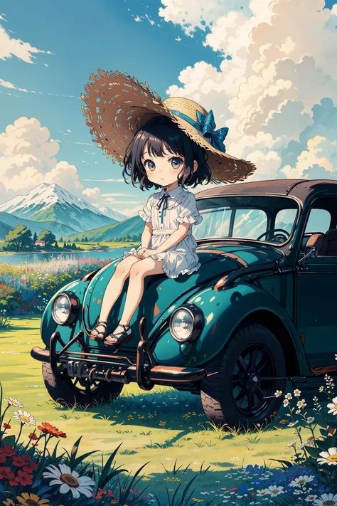 The chibi girl sat on an antique Beetle car, with a straw hat, lawn, blue sky, white clouds, distant mountains, countryside, flowers<lora:detailmaker:-0.5>