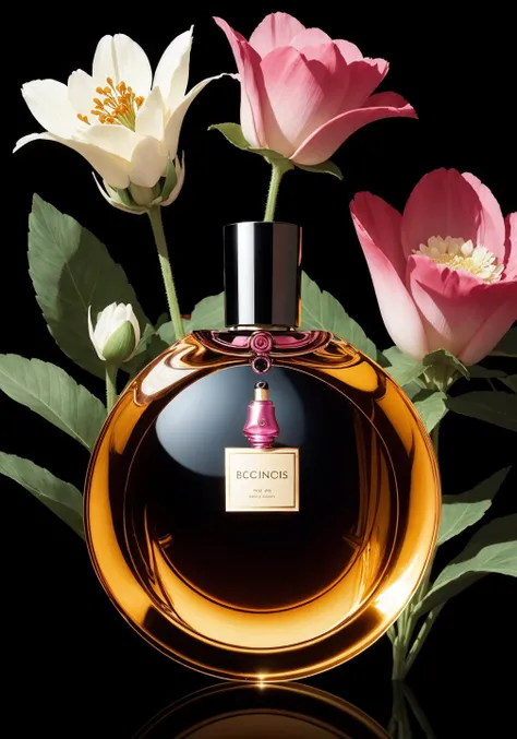A luxurious perfume bottle, accounting for one-third of the size of the picture, inspired by flowers, bionics, illustration, the background is forest, flowers, bright colors, silky smooth background, 4k, caustic, full frame, <lora:detailmaker:0.5>