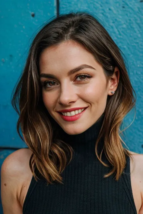 close-up, KymJane, shoulder length wavy dark hair, grin, smile, wearing a black turtleneck,
blue wall, epic character composition,
by ilya kuvshinov, alessio albi, nina masic, sharp focus, natural lighting, subsurface scattering,
sharp focus:1.2, masterpiece, realistic, hyper realistic, high contrast, High Detail, cinematic color grading,
<lora:3DMM_V12:0.3> <lora:tangbohu-detailmaker_v2.5:1><lora:LowRA:0.2> <lora:KymJane_v01c_TigonTX-000006:0.7>