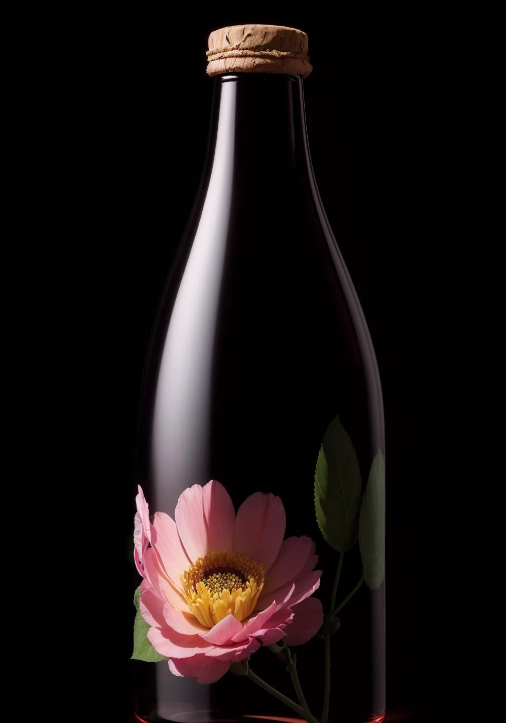 A luxurious wine bottle, accounting for one-third of the size of the picture, inspired by flowers, bionics, illustration, the background is forest, flowers, bright colors, silky smooth background, 4k, caustic, full frame,studio light <lora:detailmaker:3>