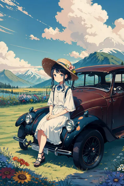 The chibi girl sat on an antique Beetle car, with a straw hat, lawn, blue sky, white clouds, distant mountains, countryside, flowers<lora:detailmaker:-4>