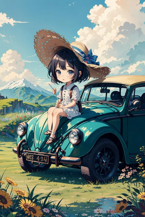 The chibi girl sat on an antique Beetle car, with a straw hat, lawn, blue sky, white clouds, distant mountains, countryside, flowers<lora:detailmaker:-1>