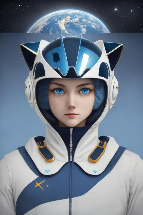 CG rendering of delicate scene, a cat, full character, big blue eyes,wearing astronomy spacesuit and helmet, floating through the blue sky by many planets, eyes focus, extremely detailed, deep details, clear details, ultra-wide shot, best quality, highres,<lora:detailmaker:-6>