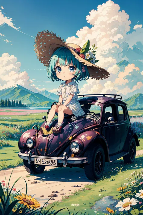 The chibi girl sat on an antique Beetle car, with a straw hat, lawn, blue sky, white clouds, distant mountains, countryside, flowers<lora:detailmaker:1>