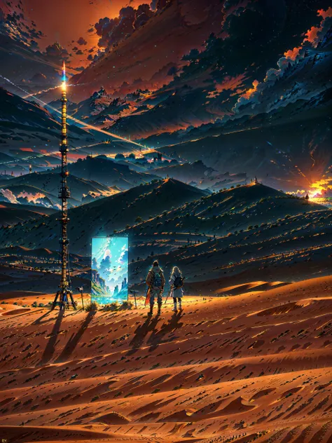 long shot scenic professional photograph of (3figures:1.1), (standing:1.1) ,medieval weapons, hunting grounds, (dunes:1.1),desert background <lora:tangbohu-detailmaker_v2.5:1>, (Extremely Detailed Oil Painting:1.2), glow effects, godrays, Hand drawn, render, 8k, octane render, cinema 4d, blender, dark, atmospheric 4k ultra detailed, cinematic sensual, Sharp focus, humorous illustration, big depth of field, Masterpiece, colors, 3d octane render, 4k, concept art, trending on artstation, hyperrealistic, Vivid colors, extremely detailed CG unity 8k wallpaper, trending on ArtStation, trending on CGSociety, Intricate, High Detail, dramatic, absurdes, perfect viewpoint, highly detailed, wide-angle lens, hyper realistic, with dramatic sky, polarizing filter, natural lighting, vivid colors, everything in sharp focus, HDR, UHD, 64K