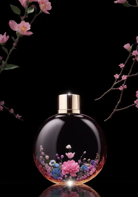 A luxurious perfume bottle, accounting for one-third of the size of the picture, inspired by flowers, bionics, illustration, the background is forest, flowers, bright colors, silky smooth background, 4k, caustic, full frame, <lora:detailmaker:2.5>