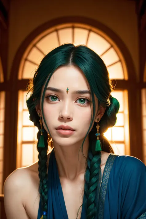 Protrait, photograph, androgynous hunnuman, oval jaw, delicate features, beautiful face, dreadlocked hair, long bangs, long ponytail, bright blue-green eyes,  hindu art<lora:detailmaker:0.5>