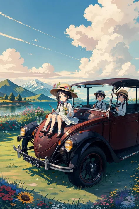 The chibi girl sat on an antique Beetle car, with a straw hat, lawn, blue sky, white clouds, distant mountains, countryside, flowers<lora:detailmaker:-3>