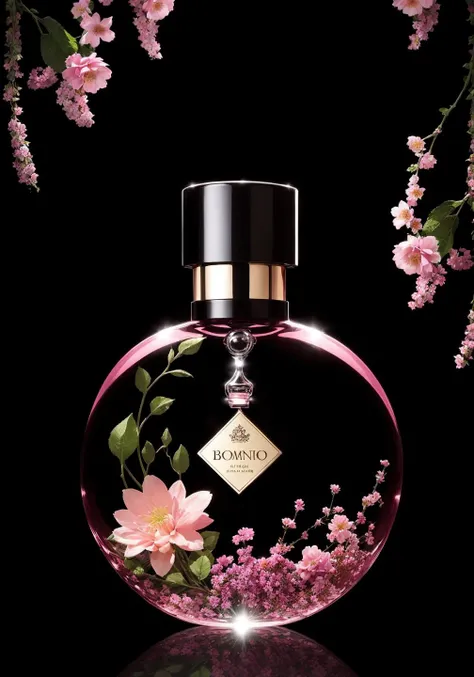 A luxurious perfume bottle, accounting for one-third of the size of the picture, inspired by flowers, bionics, illustration, the background is forest, flowers, bright colors, silky smooth background, 4k, caustic, full frame, <lora:detailmaker:2>