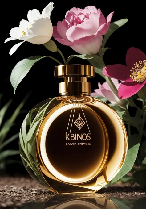 A luxurious perfume bottle, accounting for one-third of the size of the picture, inspired by flowers, bionics, illustration, the background is forest, flowers, bright colors, silky smooth background, 4k, caustic, full frame, <lora:detailmaker:-0.5>
