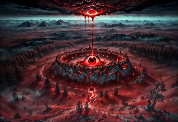 <lora:tangbohu-detailmaker_v2.5:0.8> <lora:BloodMagic:0.6> (masterpiece, best quality, realistic, detailed, crisp:1.2), intricate details, (landscape, bloodmagic eye), mist, blood, red forest, mountains, barren land, blood tendrils, fissures, cracked ground, glowing red, magical energy, blood, heavy shadows, high angle, from above, dim light, <lora:epi_noiseoffset2:1>