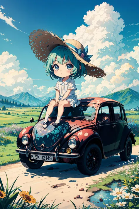 The chibi girl sat on an antique Beetle car, with a straw hat, lawn, blue sky, white clouds, distant mountains, countryside, flowers<lora:detailmaker:1.5>