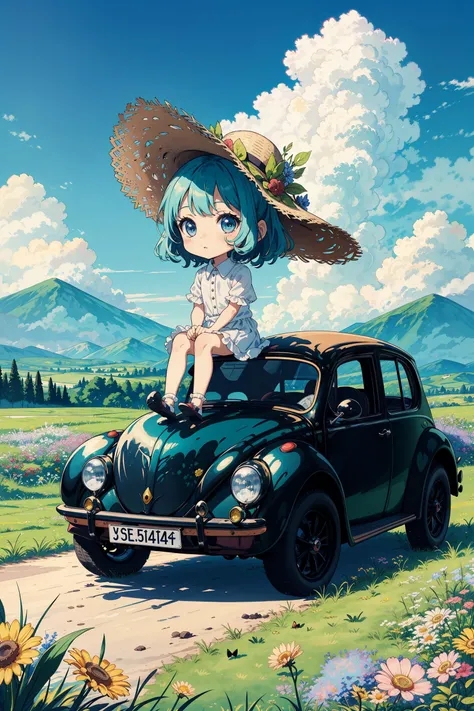 The chibi girl sat on an antique Beetle car, with a straw hat, lawn, blue sky, white clouds, distant mountains, countryside, flowers<lora:detailmaker:2>