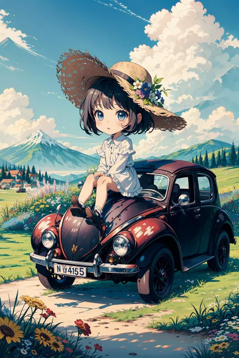 The chibi girl sat on an antique Beetle car, with a straw hat, lawn, blue sky, white clouds, distant mountains, countryside, flowers<lora:detailmaker:0.5>