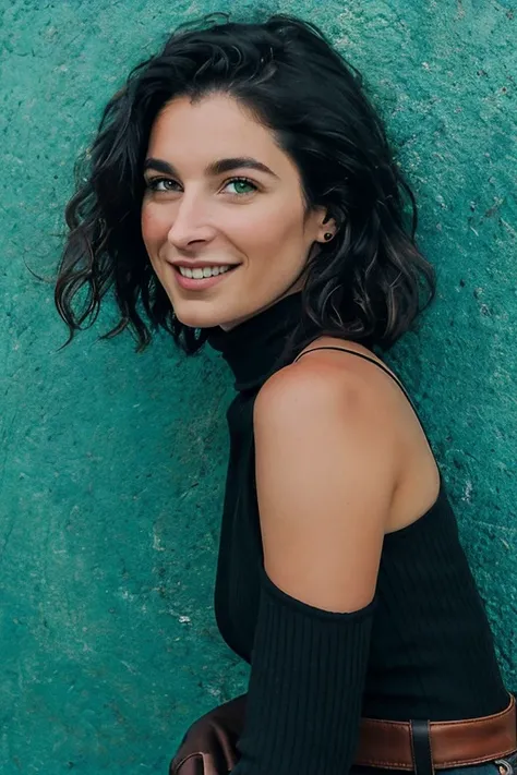 cowboy shot, Kacey, shoulder length wavy dark hair, grin, smile, wearing a black turtleneck, over shoulder,
blue wall, epic character composition,
by ilya kuvshinov, alessio albi, nina masic, sharp focus, natural lighting, subsurface scattering,
sharp focus:1.2, masterpiece, realistic, hyper realistic, high contrast, High Detail, cinematic color grading,
<lora:3DMM_V12:0.3> <lora:tangbohu-detailmaker_v2.5:1><lora:LowRA:0.2> <lora:Kacey_v01b_TigonTX:0.7>