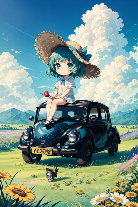 The chibi girl sat on an antique Beetle car, with a straw hat, lawn, blue sky, white clouds, distant mountains, countryside, flowers<lora:detailmaker:2.5>