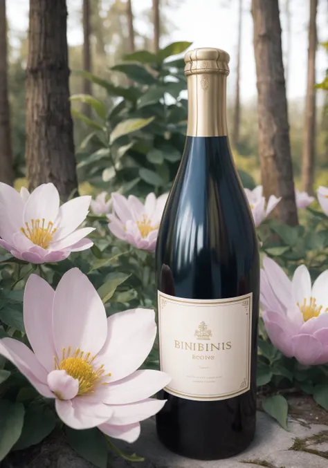 A luxurious wine bottle, accounting for one-third of the size of the picture, inspired by flowers, bionics, illustration, the background is forest, flowers, bright colors, silky smooth background, 4k, caustic, full frame,studio light <lora:detailmaker:-5>