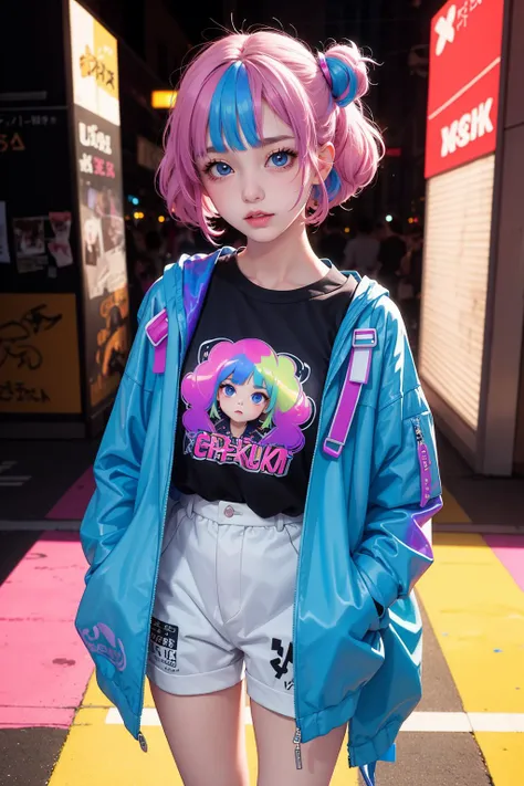 transparent color PVC clothing, transparent color vinyl clothing, prismatic, holographic, chromatic aberration, fashion illustration, masterpiece, girl with harajuku fashion, looking at viewer, 8k, ultra detailed, pixiv,<lora:tangbohu-detailmaker_v2.5:1>,