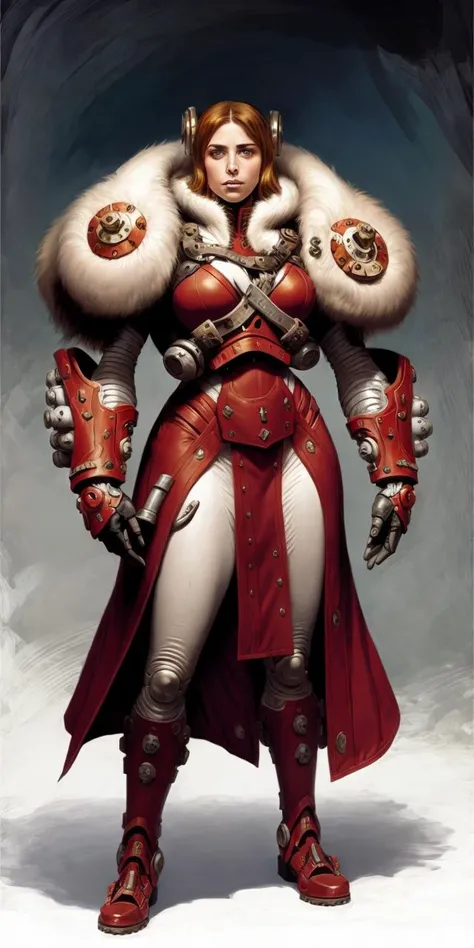 ( An ( [ Anders zorn's | Alphonse Mucha's ] )  [ stunning | astonishing | exquisite ]  
[ masterpiece | artwork ] )
with the  ( full body ) portrait of a biomechanical ( goddess ) 
wearing ( red overcoat and ( white fur stole ) )
in  ccdsf artstyle