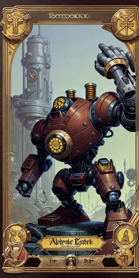 (  [ An  Alphonse Mucha's  | A Victo Ngai's  |  An  Alphonse Mucha's | Jakub Rebelka ]
(  concept
(  [ tarot | MTFG ]
 [ card | banner | card |  illustration ] 
) 
) 
)
with  the 
( Full body ) character [ design | portrait ]
of  ( [ an  ominous  | a gloomy ] ) 
( [ biomechanical | clockwork ] 
 atompunk ) robot
( on top of a pedestal ) 
[ perfectly |  precisely ] centered in the middle of composition
with ( dynamic ( symmetry ) )
, CCDSF artstyle
full of  ( retro-futuristic ( art deco  (  circuit  ) designs  ) )
by [ Greg Stapples |  Boris Vallejo | Greg and Tim Hildebrandt ]
and by [ Donato Giancola | Juan Gimenez ]
, perfect ( ( symmetrical ) well proportioned anatomy )