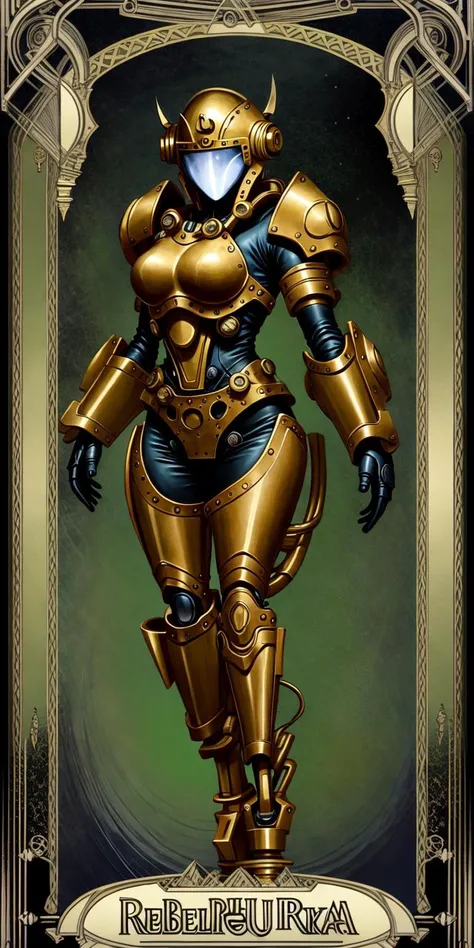 ( Full body ) character illustration 
of  the ( [ ominous  | gloomy ] ( [ Winona Ryder  | Scarlett Johansson ]  )  )
as a  biomechanical   ( atompunk  )   
wearing power armor
while ( [ posing | standing ] ( on top of a pedestal ) )
in front of   [ an empty | a noiseless | a flat ] background 
[ perfectly |  precisely ] centered in the middle of composition
with ( dynamic ( symmetry ) )
, ( ( Alphonse Mucha's | Victo Ngai's  | Alphonse Mucha's  | Jakub Rebelka's ) 
( concept ( tarot card ) ) [ illustration |  artwork | banner ]  )
in  CCDSF artstyle
full of  [ retro-futuristic | sci-fi ]  ( art deco  ( [ circuit | sacred geometry ] ) designs  )
, perfect ( ( symmetrical ) well proportioned anatomy )