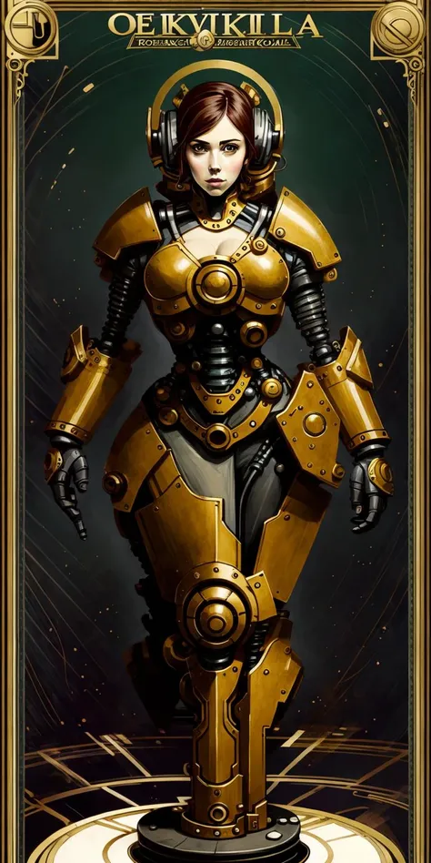 ( Full body ) character illustration 
of  the ( [ ominous  | gloomy ] ( [ Winona Ryder  | Scarlett Johansson ]  )  )
as a  biomechanical   ( atompunk  )   
wearing power armor
while ( [ posing | standing ] ( on top of a pedestal ) )
in front of   [ an empty | a noiseless | a flat ] background 
[ perfectly |  precisely ] centered in the middle of composition
with ( dynamic ( symmetry ) )
, ( ( Alphonse Mucha's | Victo Ngai's  | Alphonse Mucha's  | Jakub Rebelka's ) 
( concept ( tarot card ) ) [ illustration |  artwork | banner ]  )
in  CCDSF artstyle
full of  [ retro-futuristic | sci-fi ]  ( art deco  ( [ circuit | sacred geometry ] ) designs  )
, perfect ( ( symmetrical ) well proportioned anatomy )