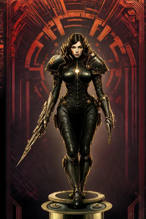 Full body character illustration 
of  the ( [ ominous  | gloomy ] ( [ Milla Jovovich | Scarlett Johansson ]  )  )
as a biomechanical muse
( [ posing | standing ] ( on top of a pedestal ) 
in front of  an ( empty noiseless background ) )
[ perfectly |  precisely ] centered in the middle of composition
, ( ( Alphonse Mucha's | Victo Ngai's  | Alphonse Mucha's  | Jakub Rebelka's ) concept tarot card [ illustration |  artwork ]  )
in  CCDSF artstyle
full of ( [ retro-futuristic | sci-fi ] ( geometrical  ( art deco ( circuit ) )  designs ) )