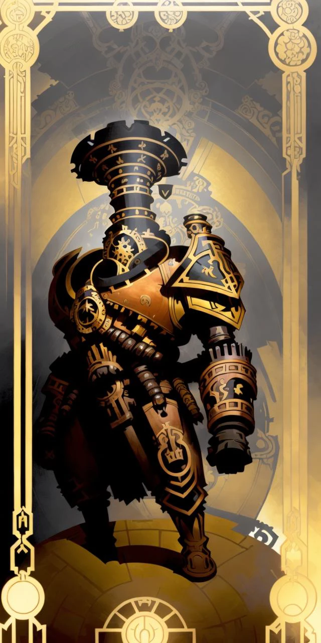 (  An  [ stunning | astonishing | exquisite ]
(  (    [  Alphonse Mucha's  | Anders zorn's   ]   )
[ tarot | MTFG ]
[ card | banner ]  )  )
with the ( full body )  portrait
of an  ( ( [ ominous | gloomy ] ) but beautiful ( ( African )  warforged ) character  )
full of ( geometrical ( circuit ) patterns )
( ( on  top of  a pedestal )
while posing in the middle of the  composition )
with ( dynamic ( symmetry ) )
, ( A  [ colorful | vibrant ] ( [ afropunk |  afrofuturism ] ) masterpiece ) 
in ccdsf artstyle by Victo Ngai
, ( shiny edge ( reflections ) ) and ( detailed ( ambient occlusion ) )
