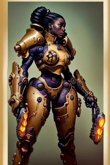 Full body ( Concept character [ design |  illustration ] )  
of a beautiful African girl  wearing power  armor
, ( [ sci-fi  | retro-futuristic ] ( art deco ) ) CCDSF artstyle  
( ( by Alphonse Mucha ) 
and by [ Victo Ngai  | James  Jean ] )
, ( exquisite ( character illustration ) masterpiece )
perfectly framing the subject in the middle of the composition
with ( clear and readable tangents ( full of negative space ) )