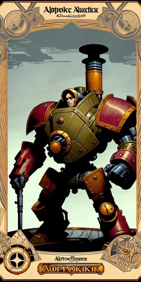 (  [ An  Alphonse Mucha's  | A Victo Ngai's  ]
(  concept
(  [ tarot | MTFG ]
 [ card | banner | card |  illustration ] 
) 
) 
)
with  the 
( Full body ) character [ design | portrait ]
of  ( [ an  ominous  | a gloomy ] ) 
( [ biomechanical | clockwork ] 
 atompunk ) power armor
( on top of a pedestal ) 
[ perfectly |  precisely ] centered in the middle of composition
with ( dynamic ( symmetry ) )
, CCDSF artstyle
full of  ( retro-futuristic ( art deco  (  circuit  ) designs  ) )
by [ Greg Stapples |  Boris Vallejo | Greg and Tim Hildebrandt ]
and by [ Donato Giancola | Juan Gimenez ]
, perfect ( ( symmetrical ) well proportioned anatomy )
