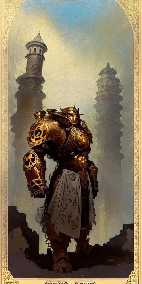 (  An  [ stunning | astonishing | exquisite ]
( (    [  Alphonse Mucha's  | Anders zorn's   ]   )
[ masterpiece | artwork ]  )  )
with the ( full body )  [ concept character design | portrait ]
of an  ( ( [ ominous | gloomy ] ) but beautiful biomechanical  ( African )  warforged  )
full of ( [ geometrical ( circuit ) | ( sacred  geometry ) ] patterns )
( on  top of  a pedestal )
while posing in the middle of the  composition
with ( dynamic symmetry )
, ( An ( [ afropunk |  afrofuturism ] )
[ tarot | MTFG ]
[ card | banner | illustration ] )
in ccdwr artstyle
by [ Frank Xavier Leyendecker | Francis Coates Jones | Carl Larsson ]
and by  [ Joseph Christian Leyendecker | James Tissot ]